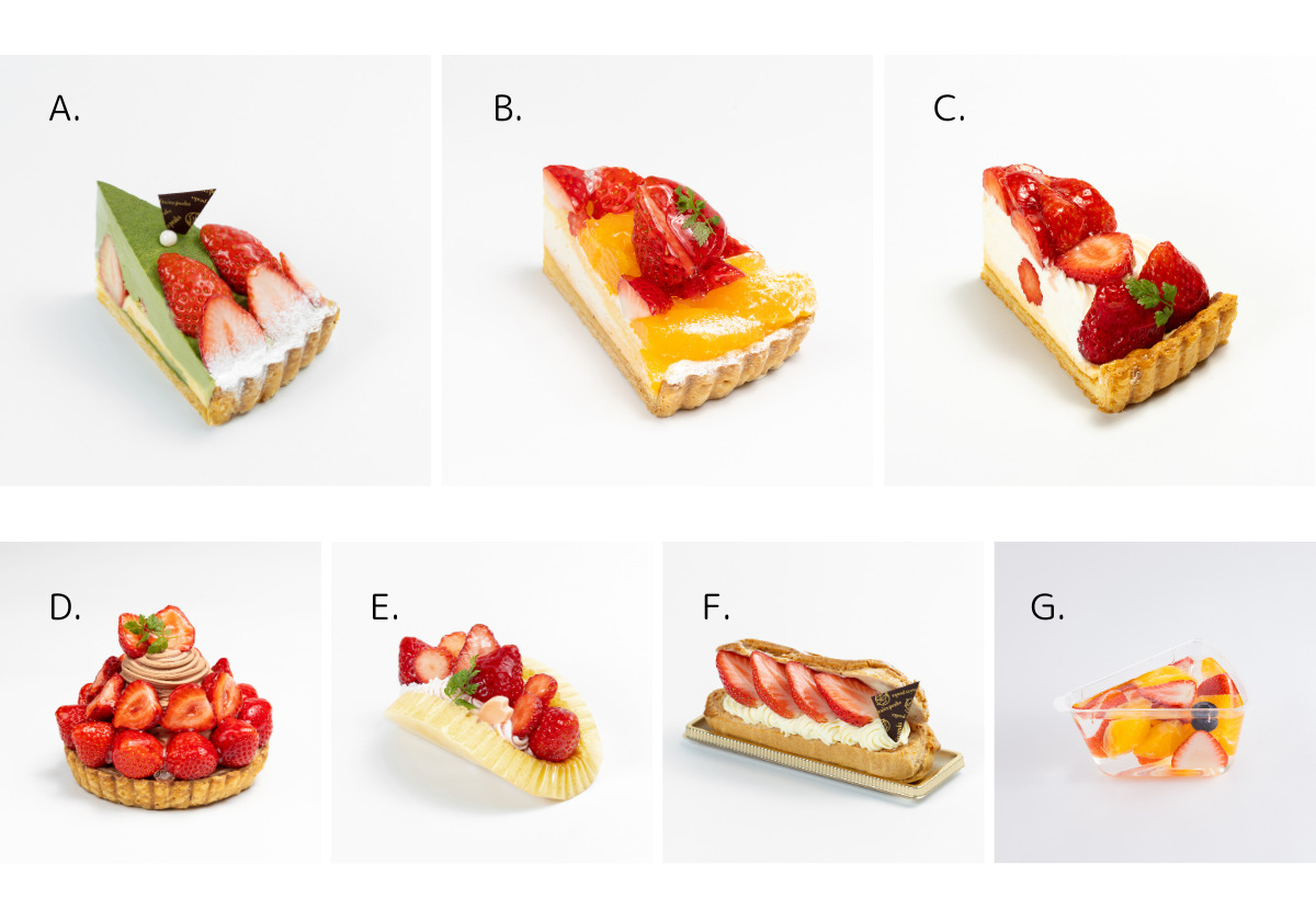 白背景に並べられた7種類のスイーツの一覧画像。A〜Gのラベル付きで、いちごを使ったケーキやタルト、ミルフィーユ、フルーツカップなどがそれぞれ1点ずつ配置されている