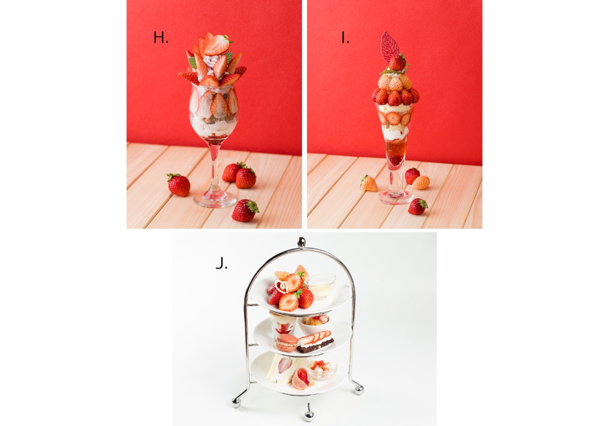 赤い背景と木のテーブルの上に並ぶいちごスイーツの写真。Hはグラスにたっぷりのいちごとクリームを重ねたパフェ、Iはいちごを積み上げた華やかなパフェ。下段のJは白背景で、いちごのデザートやサンド、マカロンなどが3段スタンドに盛り付けられたアフタヌーンティーセット。