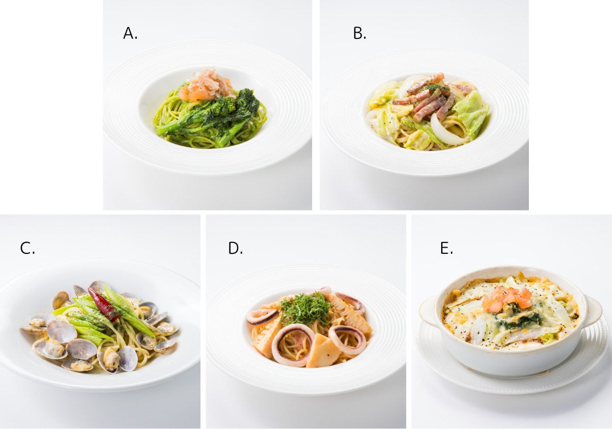 白い皿に盛り付けられた5種類の料理の一覧画像。A〜Eのラベル付きで、Aは緑のソースのパスタにサーモンをのせた一皿、Bはベーコンとキャベツのパスタ、Cはあさりと野菜のパスタ、Dはいか入りのトマトクリームパスタ、Eはチーズがこんがり焼けたグラタン。