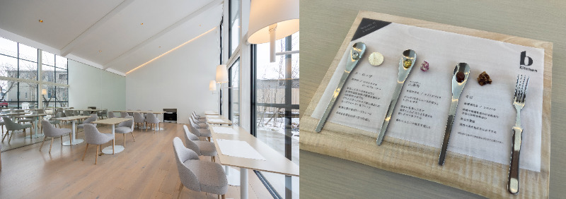 大きな窓から光が差し込む明るいカフェ空間と、スプーンに盛られた素材を楽しむテイスティングプレート