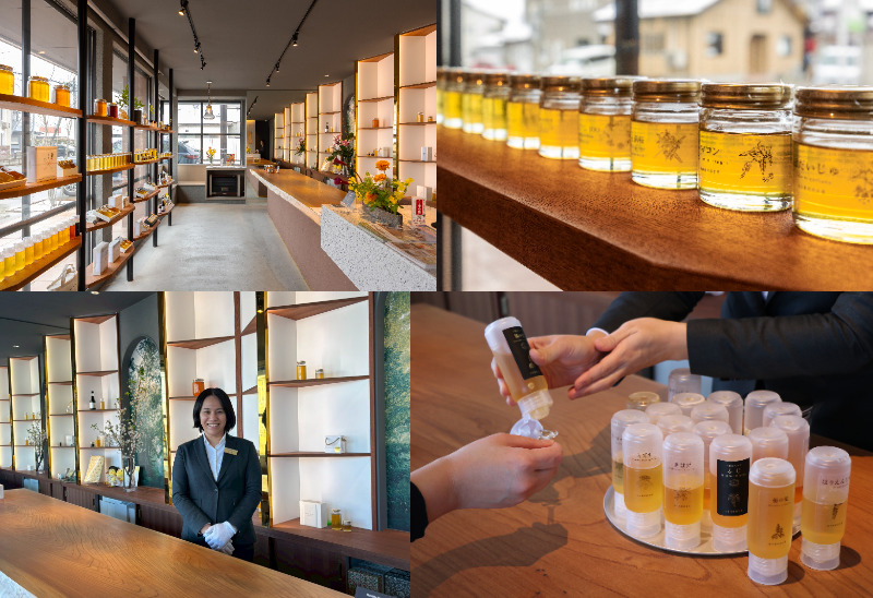 店内に並ぶはちみつ商品と試食体験、スタッフが接客する明るいはちみつ専門店の様子