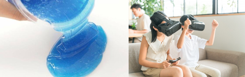 青いスライム状の物体を手で伸ばしている様子と、リビングでVRゴーグルを装着してゲームを楽しむ子どもたちの様子を並べた画像