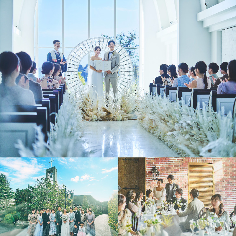 明るい自然光が差し込むチャペルで、新郎新婦が結婚証明書を手に並び立ち、参列者が拍手で祝福している様子。下部には、屋外での集合写真と、披露宴でゲストと談笑する和やかなシーンも写っている。