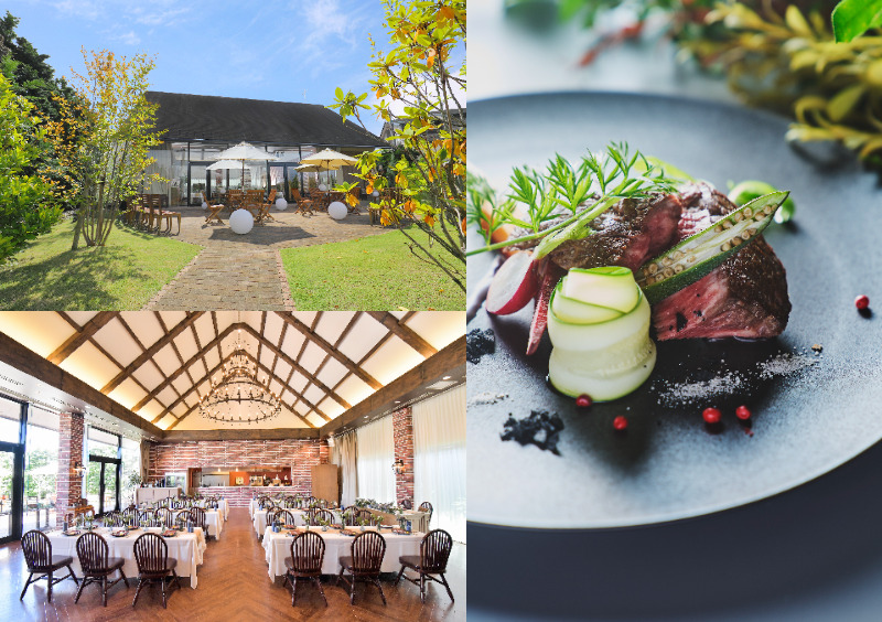 ガーデン付きレストランの外観、披露宴会場の内観、ステーキ料理の盛り付けを紹介するレストラン写真。