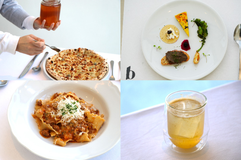 4分割の写真。左上は蜂蜜をかけるチーズピザ、右上は前菜の盛り合わせプレート、左下は粉チーズをのせたミートソースパスタ、右下は氷入りのはちみつドリンク。