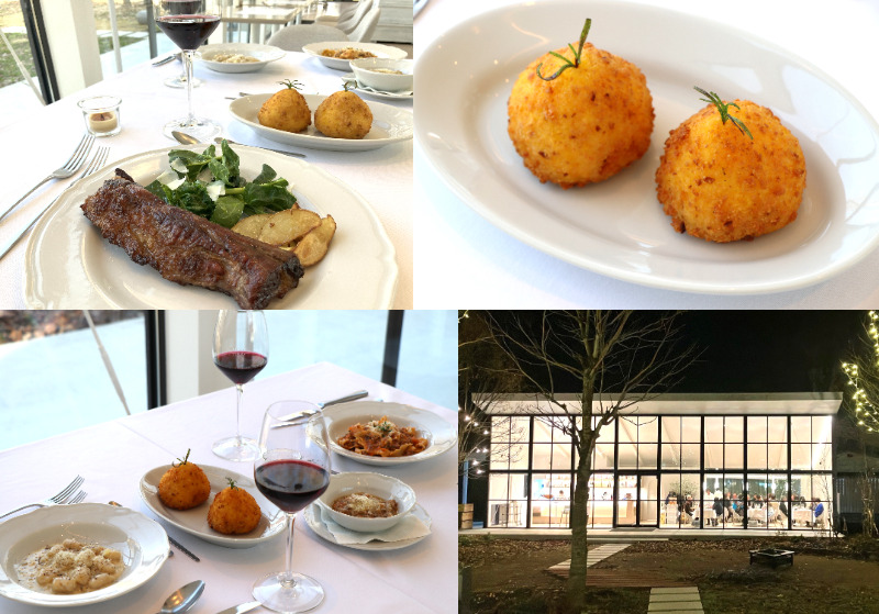4分割の写真。左上はワインとともに楽しむ肉料理のプレート、右上はこんがり揚がったライスコロッケ、左下は赤ワインと料理が並ぶテーブル、右下は夜のガラス張りレストラン外観。