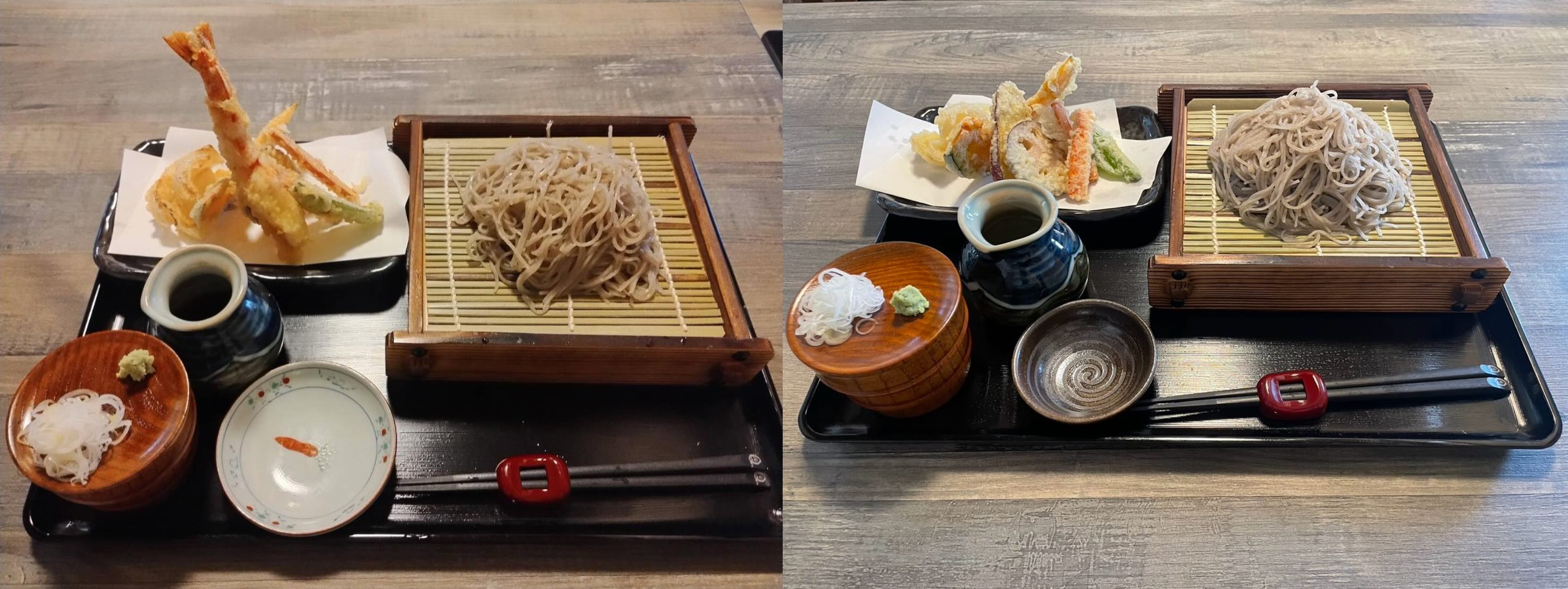 そば処Q.庵 美術館前店:「海老天せいろ」と「野菜天せいろ」