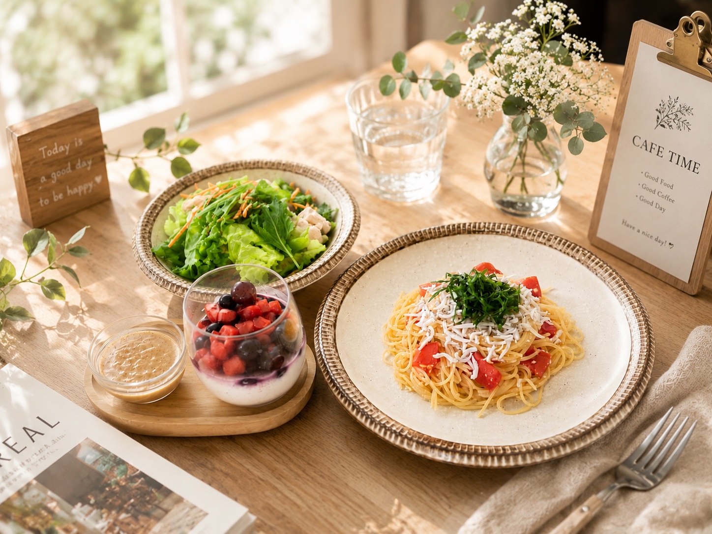 塩こうじとトマトとしらすの和風パスタ、塩こうじのサラダチキン、ベリーと甘酒ヨーグルト、こうじサイダー