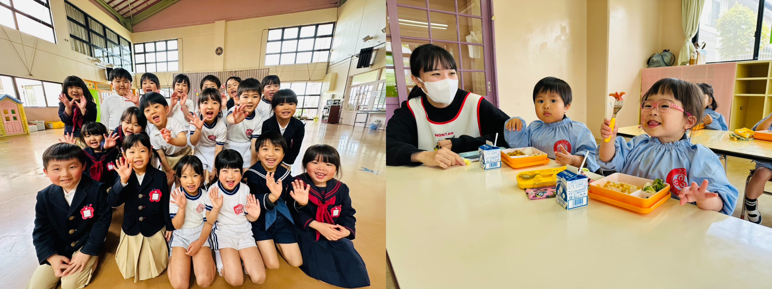安積町つつみ幼稚園:体育館で子どもたちが集合している様子と子供が給食を美味しそうに食べている様子
