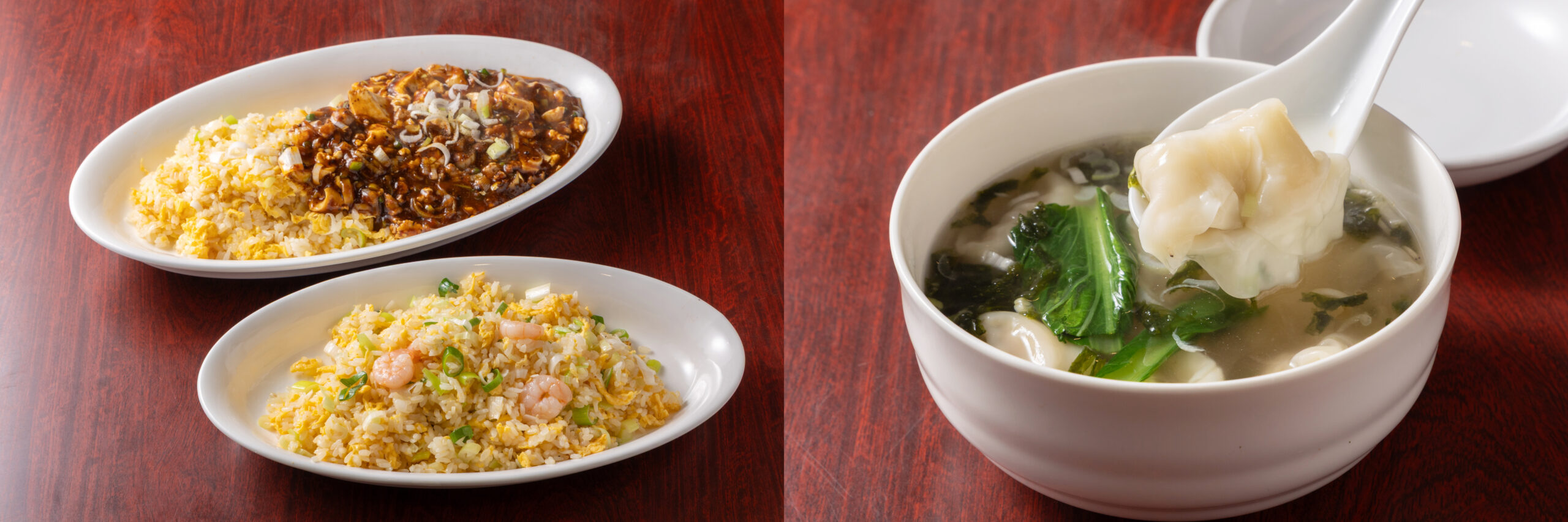 旨い炒飯：[左]ハルビン炒飯780円、麻婆炒飯880円[右]もちもちのワンタンもおすすめ♪エビワンタン580円